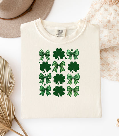 Lucky Shamrocks and Coquette Bows T-Shirt, St. Patricks Day Shamrock Pattern