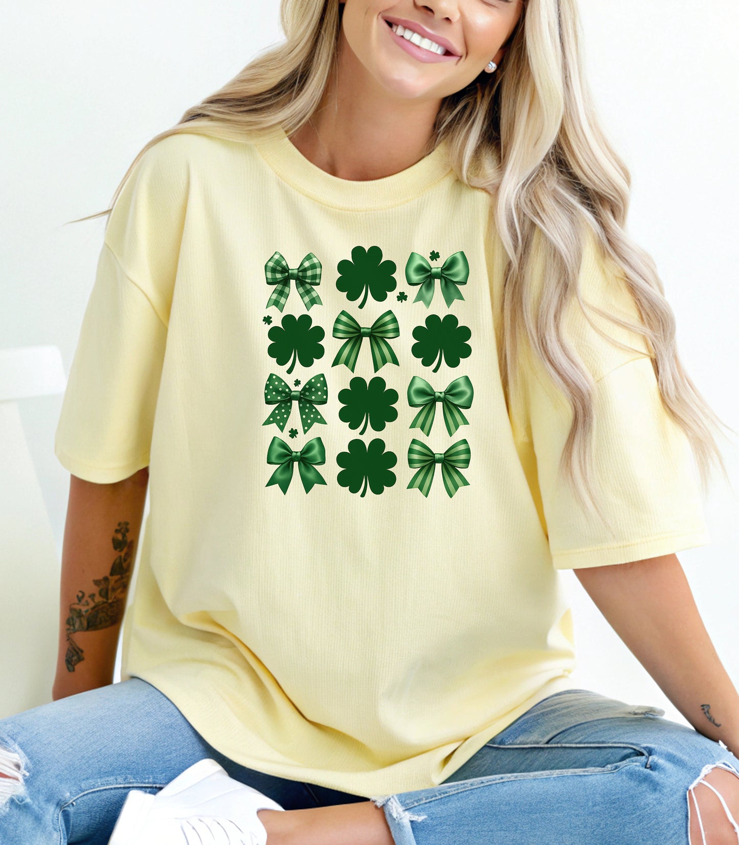 Lucky Shamrocks and Coquette Bows T-Shirt, St. Patricks Day Shamrock Pattern