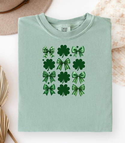 Lucky Shamrocks and Coquette Bows T-Shirt, St. Patricks Day Shamrock Pattern