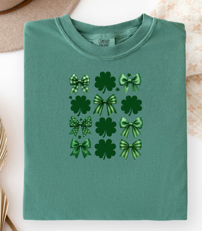 Lucky Shamrocks and Coquette Bows T-Shirt, St. Patricks Day Shamrock Pattern