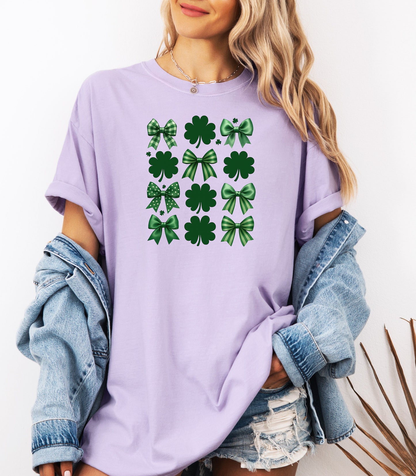 Lucky Shamrocks and Coquette Bows T-Shirt, St. Patricks Day Shamrock Pattern