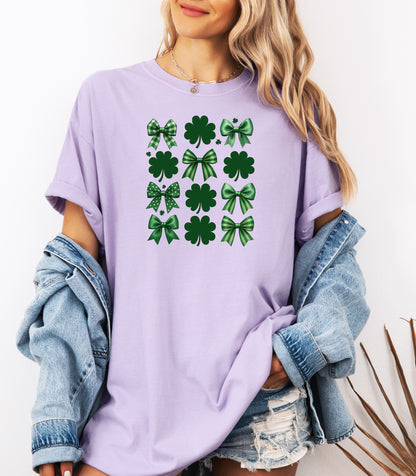 Lucky Shamrocks and Coquette Bows T-Shirt, St. Patricks Day Shamrock Pattern