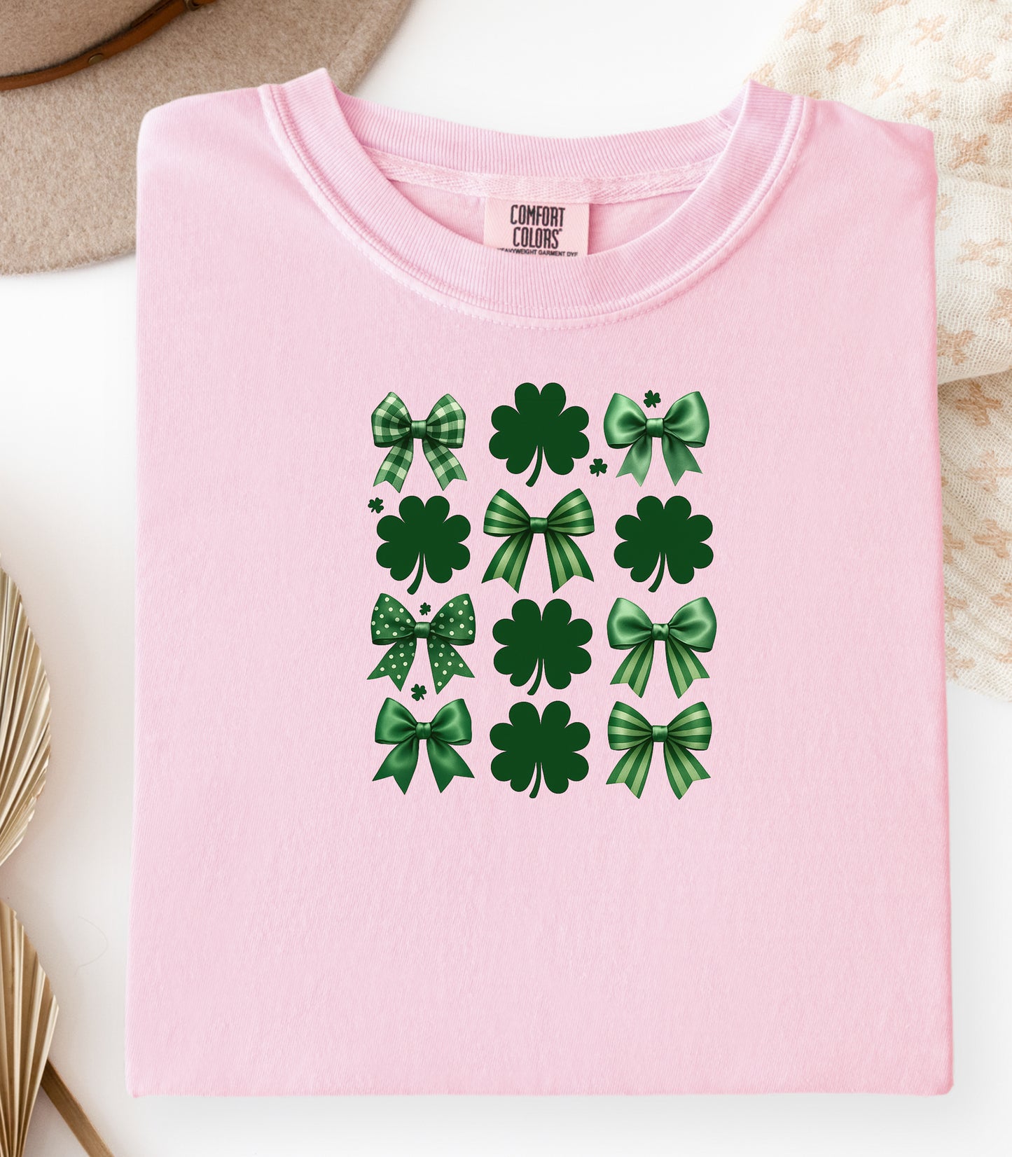 Lucky Shamrocks and Coquette Bows T-Shirt, St. Patricks Day Shamrock Pattern