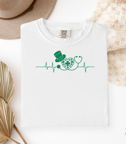 Stethoscope Shamrock Heartbeat T-Shirt,  Lucky Irish Nurse St. Patricks Day T-Shirt , Shamrock Heartbeat Design