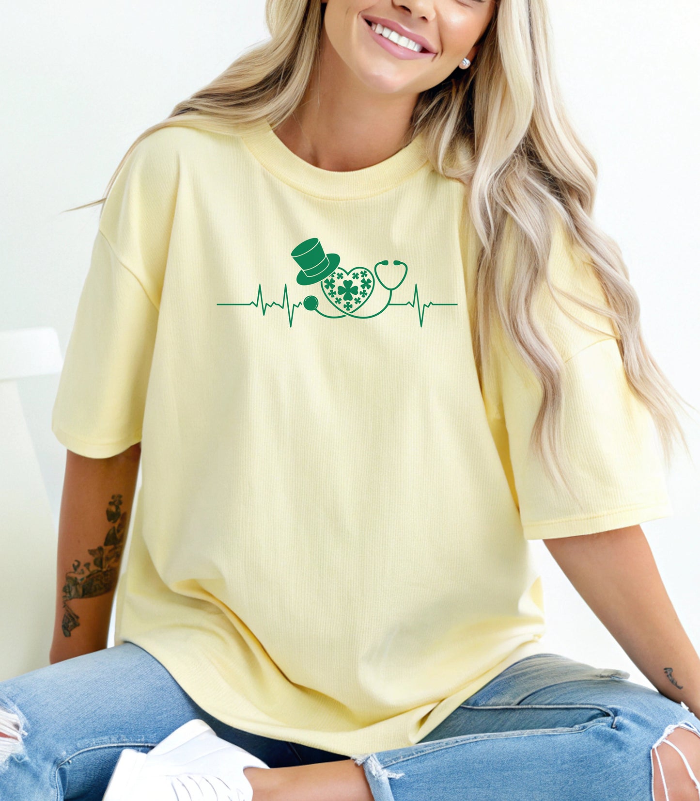 Stethoscope Shamrock Heartbeat T-Shirt,  Lucky Irish Nurse St. Patricks Day T-Shirt , Shamrock Heartbeat Design