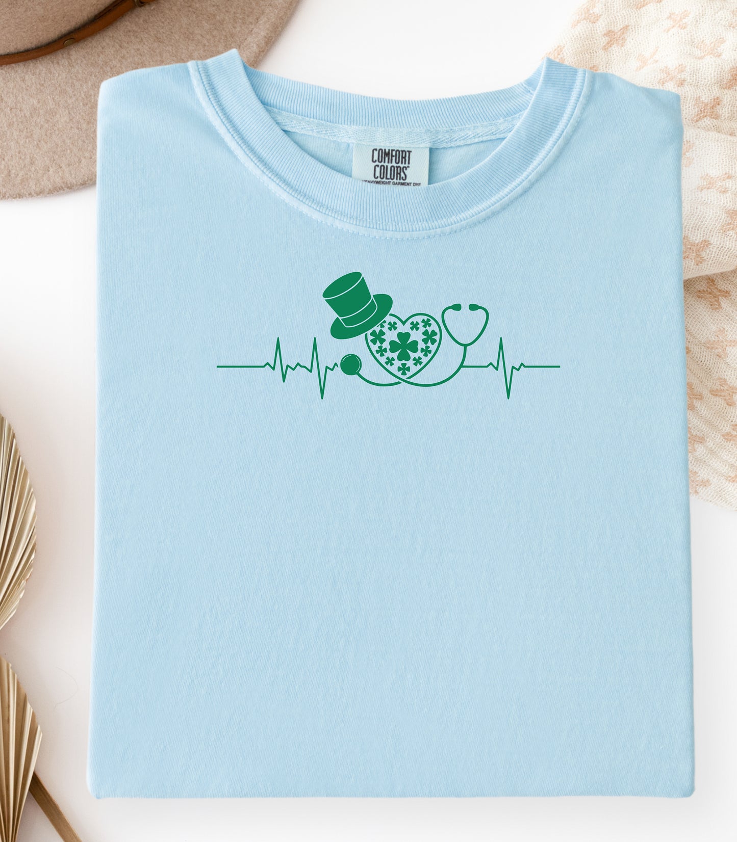Stethoscope Shamrock Heartbeat T-Shirt,  Lucky Irish Nurse St. Patricks Day T-Shirt , Shamrock Heartbeat Design