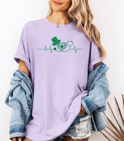Stethoscope Shamrock Heartbeat T-Shirt,  Lucky Irish Nurse St. Patricks Day T-Shirt , Shamrock Heartbeat Design