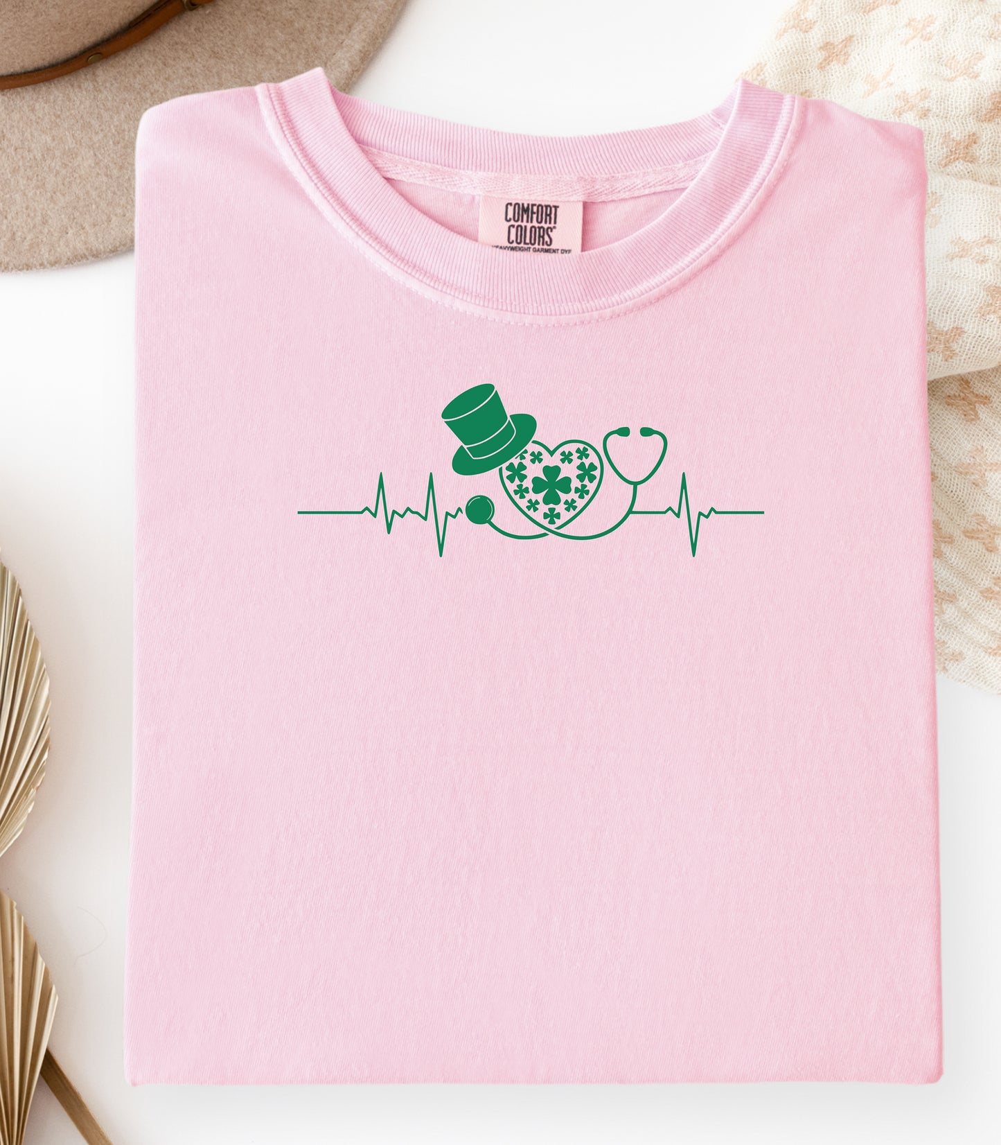Stethoscope Shamrock Heartbeat T-Shirt,  Lucky Irish Nurse St. Patricks Day T-Shirt , Shamrock Heartbeat Design