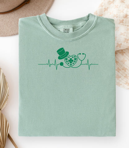 Stethoscope Shamrock Heartbeat T-Shirt,  Lucky Irish Nurse St. Patricks Day T-Shirt , Shamrock Heartbeat Design