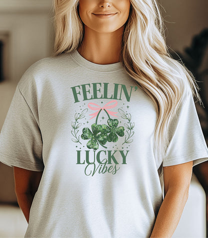 Feelin Lucky Vibes T-Shirt, Coquette Shamrock St. Patricks Day Tee