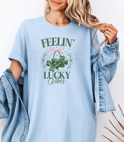 Feelin Lucky Vibes T-Shirt, Coquette Shamrock St. Patricks Day Tee