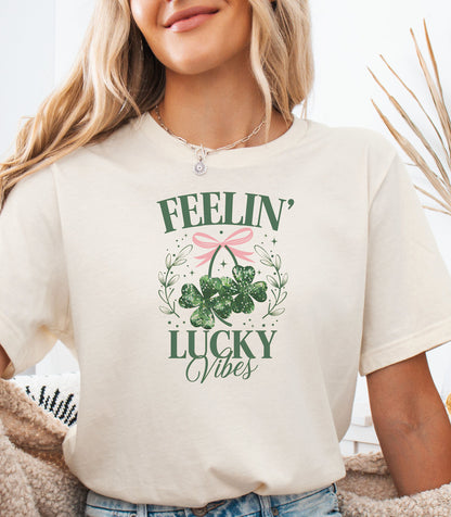 Feelin Lucky Vibes T-Shirt, Coquette Shamrock St. Patricks Day Tee