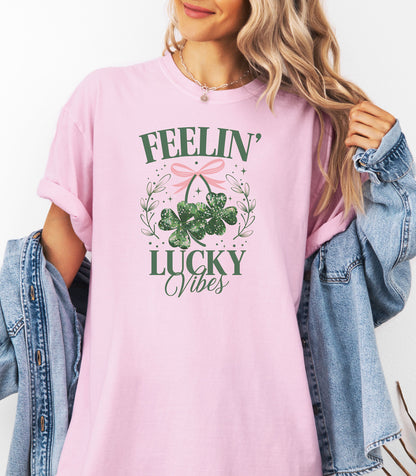 Feelin Lucky Vibes T-Shirt, Coquette Shamrock St. Patricks Day Tee