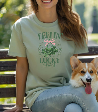 Feelin Lucky Vibes T-Shirt, Coquette Shamrock St. Patricks Day Tee