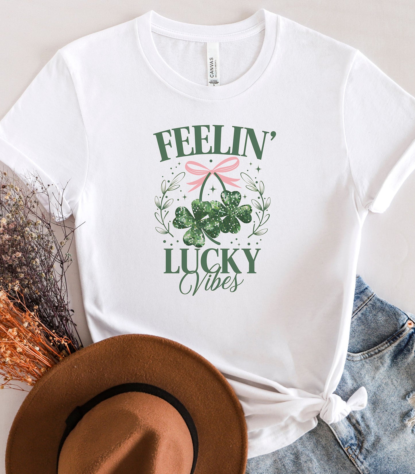 Feelin Lucky Vibes T-Shirt, Coquette Shamrock St. Patricks Day Tee