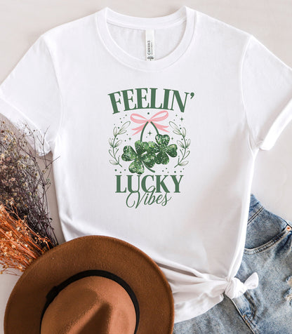 Feelin Lucky Vibes T-Shirt, Coquette Shamrock St. Patricks Day Tee