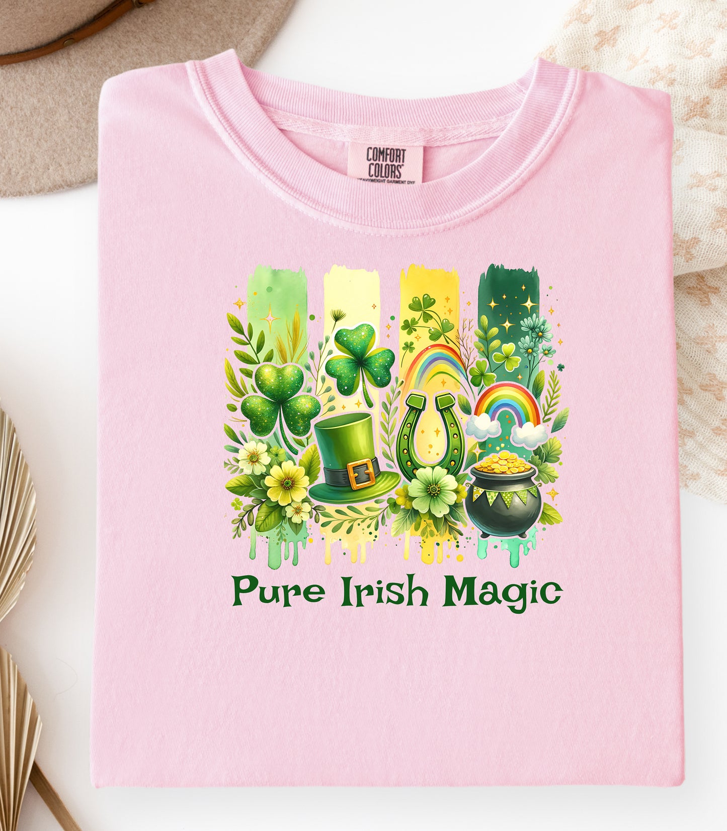Pure Irish Magic T-Shirt, St Patricks Day Leprechaun Shamrock Design, Shamrocks Rainbows & Luck