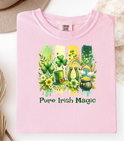 Pure Irish Magic T-Shirt, St Patricks Day Leprechaun Shamrock Design, Shamrocks Rainbows & Luck