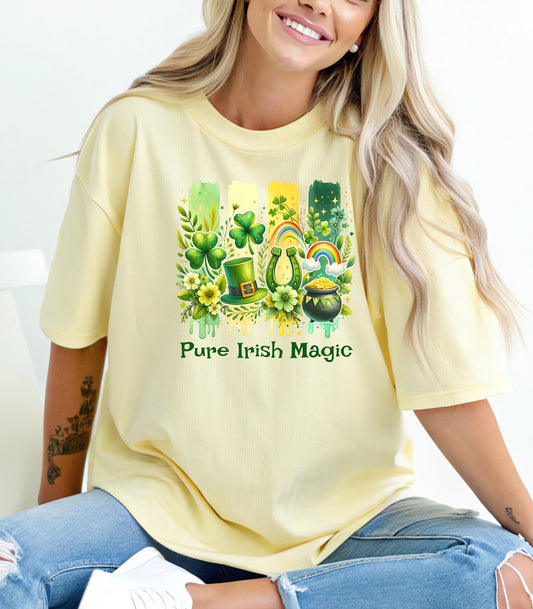 Pure Irish Magic T-Shirt, St Patricks Day Leprechaun Shamrock Design, Shamrocks Rainbows & Luck