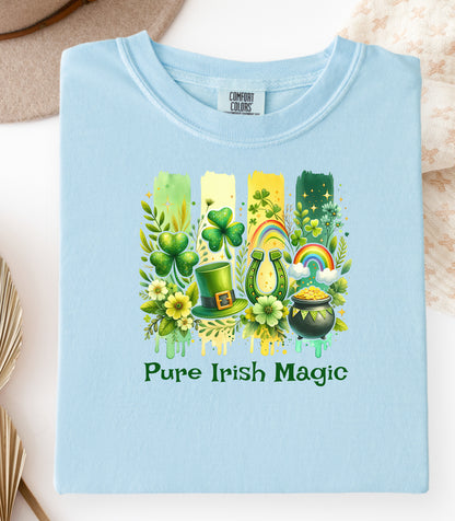 Pure Irish Magic T-Shirt, St Patricks Day Leprechaun Shamrock Design, Shamrocks Rainbows & Luck