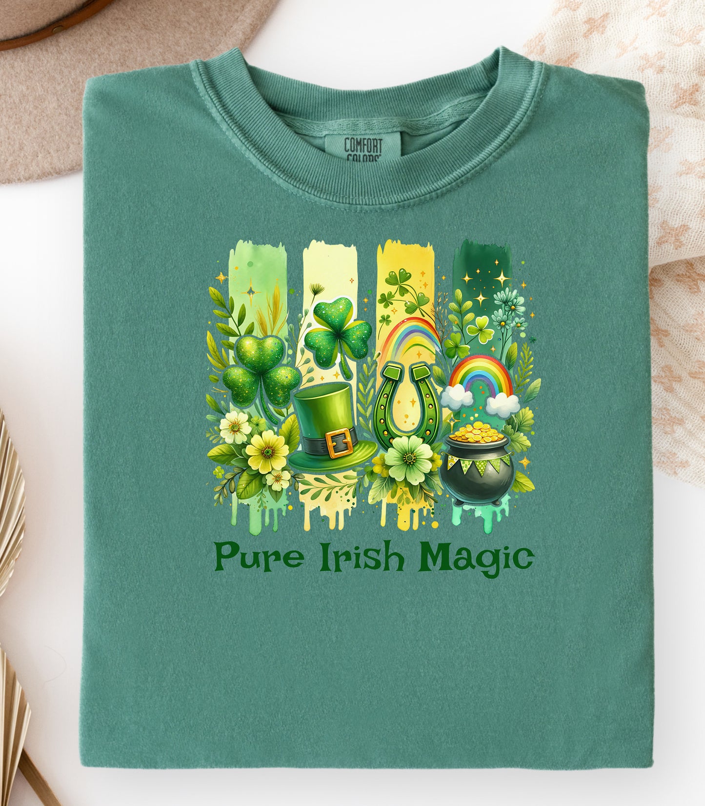 Pure Irish Magic T-Shirt, St Patricks Day Leprechaun Shamrock Design, Shamrocks Rainbows & Luck