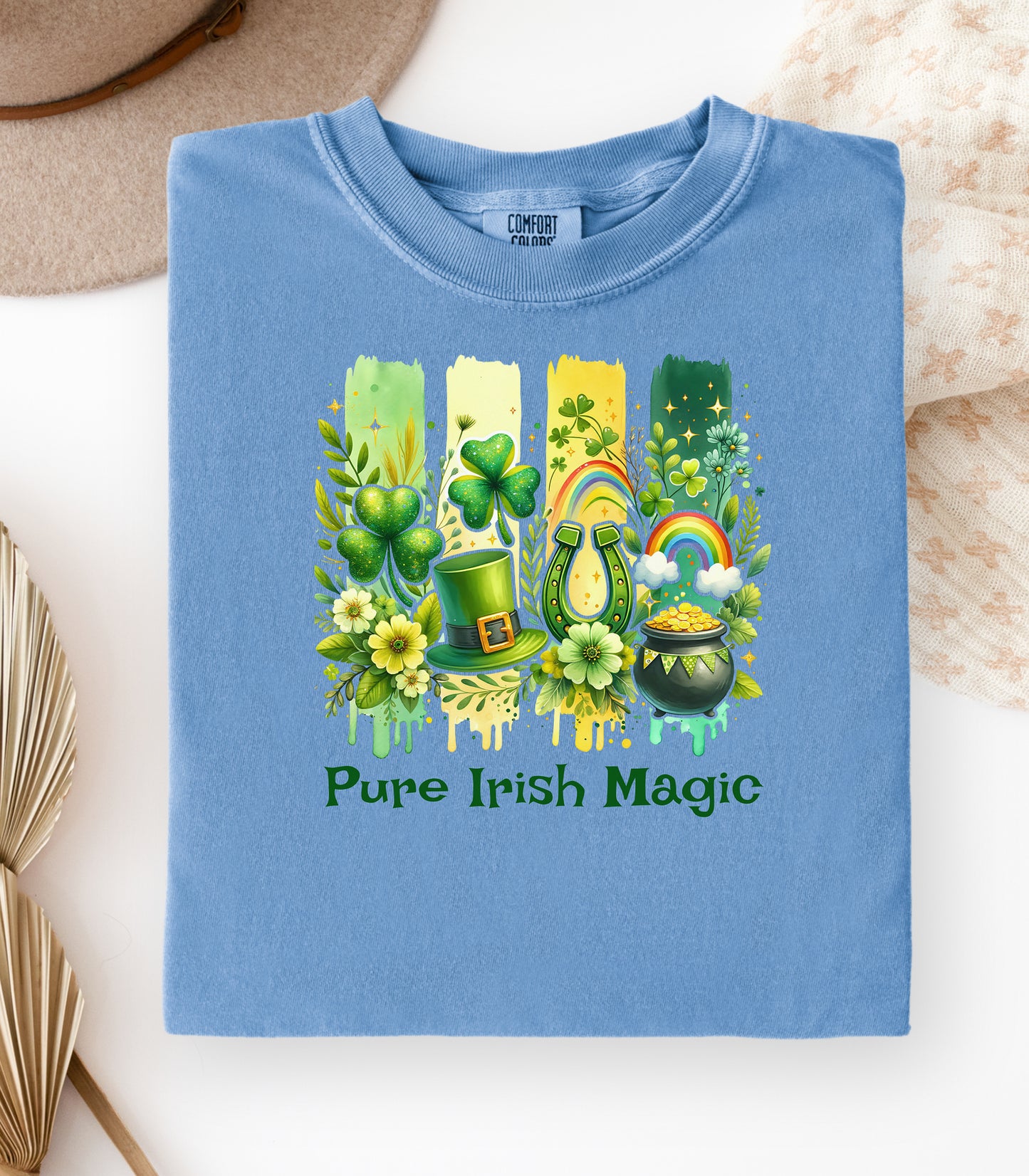 Pure Irish Magic T-Shirt, St Patricks Day Leprechaun Shamrock Design, Shamrocks Rainbows & Luck