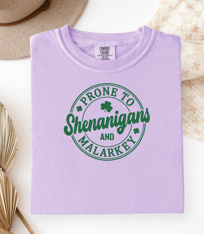 Prone to Shenanigans and Malarkey T-shirt, St. Patricks Day Shamrock Tee