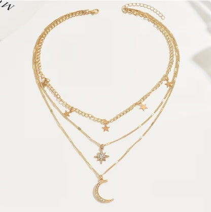 Celestial Moon & Stars Layered Necklace, Boho Gold-Tone Jewelry