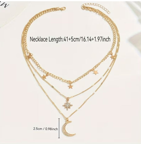 Celestial Moon & Stars Layered Necklace, Boho Gold-Tone Jewelry