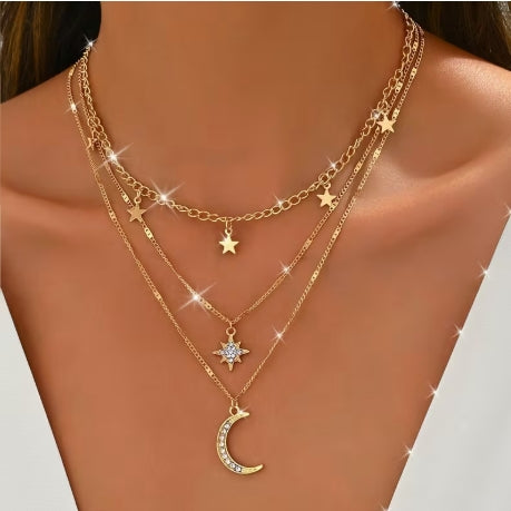 Celestial Moon & Stars Layered Necklace, Boho Gold-Tone Jewelry