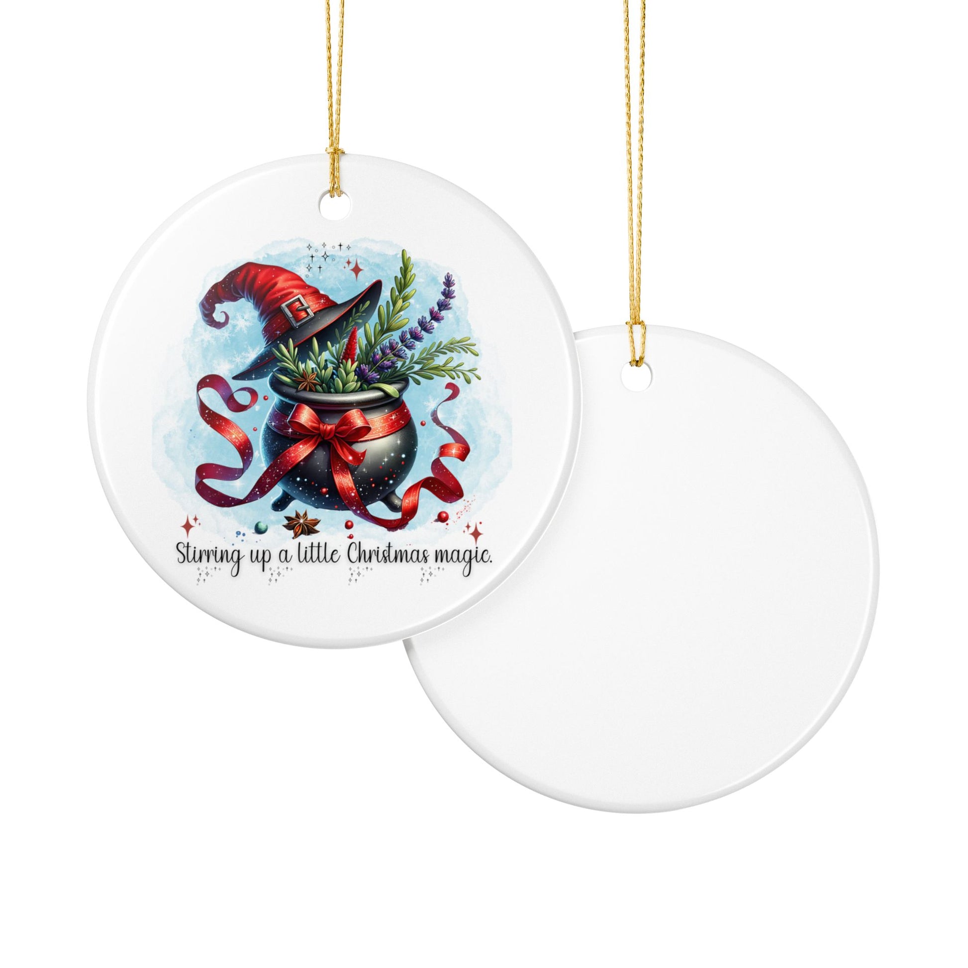Ceramic ornament with a festive design featuring a witch's hat and text on a white background.