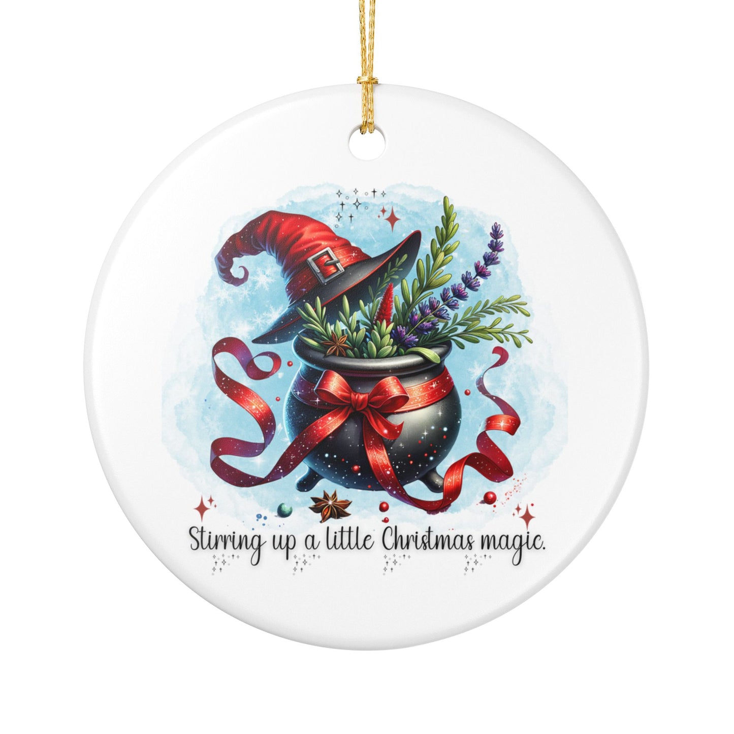 Ceramic ornament with a witch's hat, cauldron, and plants on a white background