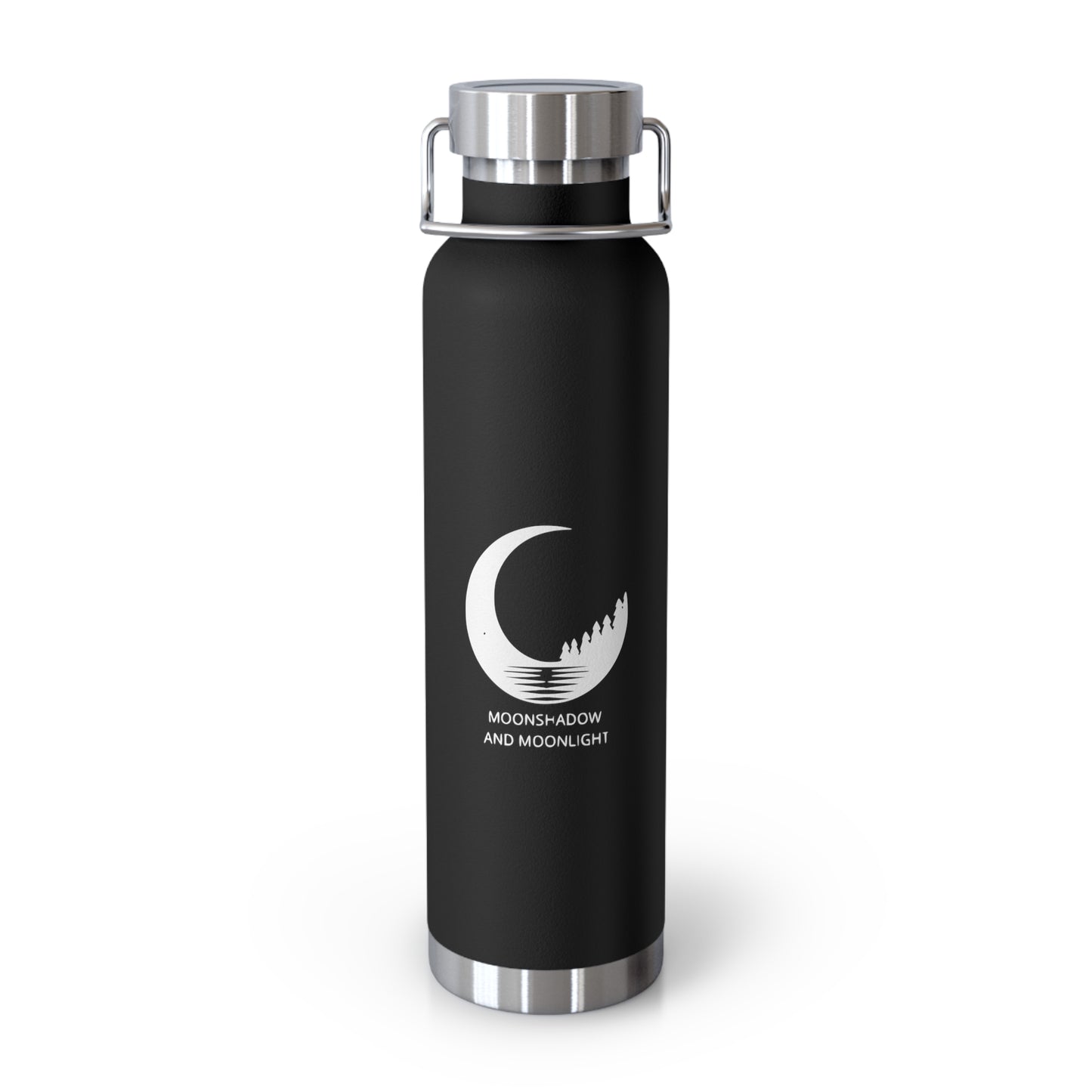 22 oz insulated water bottle with copper vacuum insulation, designed to keep drinks hot or cold for hours. Sleek black stainless steel flask features a modern crescent moon and pine tree logo with the words MoonShadow and MoonLight. Durable, leak-proof lid with handle makes it perfect for travel, gym, hiking, and everyday hydration.