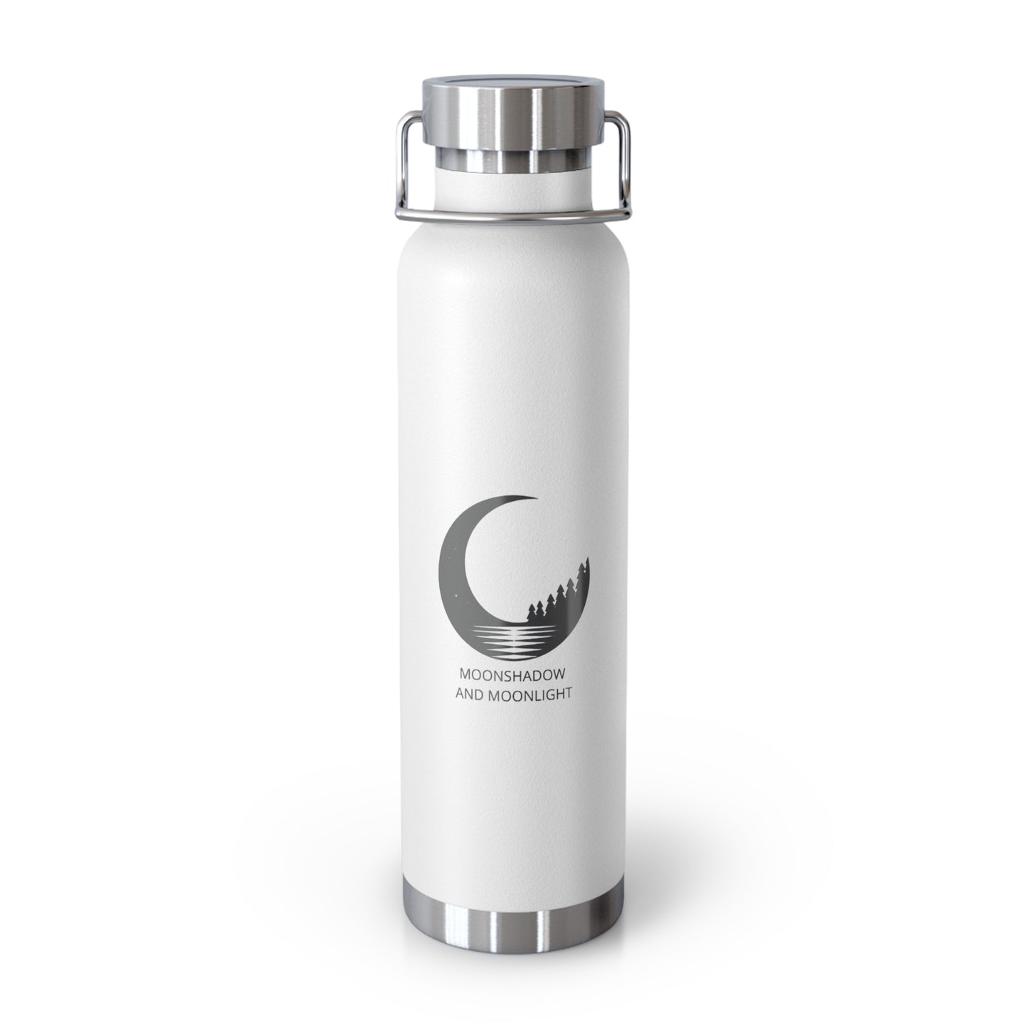22 oz insulated water bottle with copper vacuum insulation, designed to keep drinks hot or cold for hours. Sleek white stainless steel flask features a modern crescent moon and pine tree logo with the words MoonShadow and MoonLight. Durable, leak-proof lid with handle makes it perfect for travel, gym, hiking, and everyday hydration."