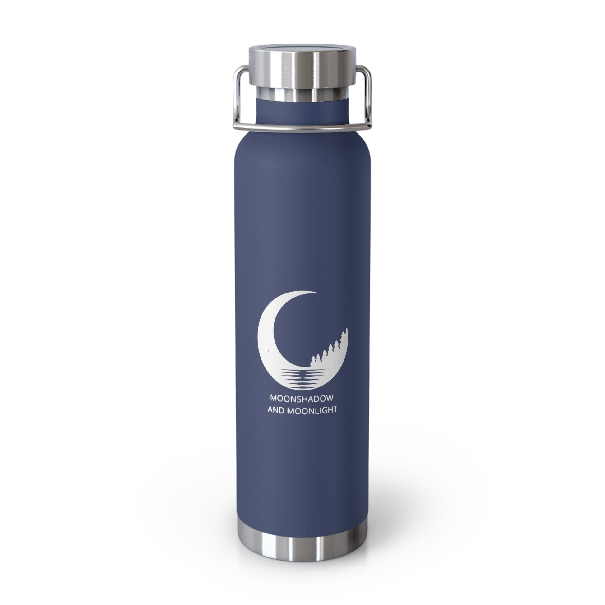 22 oz insulated water bottle with copper vacuum insulation, designed to keep drinks hot or cold for hours. Sleek navy blue stainless steel flask features a modern crescent moon and pine tree logo with the words MoonShadow and MoonLight. Durable, leak-proof lid with handle makes it perfect for travel, gym, hiking, and everyday hydration.