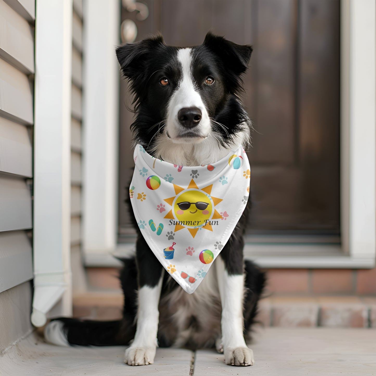 A dog wearing a white “Summer Fun” dog bandana decorated with a cheerful yellow sun in sunglasses, surrounded by colorful beach balls, paw prints, flip-flops, and tropical drink illustrations. The playful summer-themed accessory adds a vibrant, seasonal touch, perfect for beach outings, backyard barbecues, or sunny walks, keeping your pup stylish and festive during warm-weather adventures.