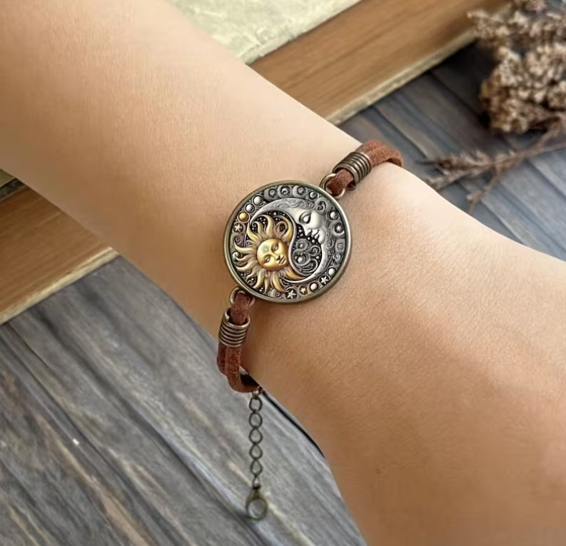 Sun & Moon Celestial Bracelet, Boho Leather Bracelet