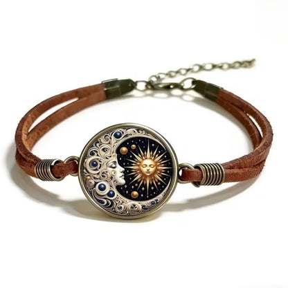 Celestial Sun, Moon & Stars Bracelet, Boho Leather Jewelry