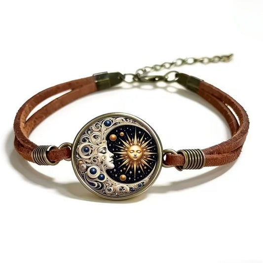 Celestial Sun, Moon & Stars Bracelet, Boho Leather Jewelry