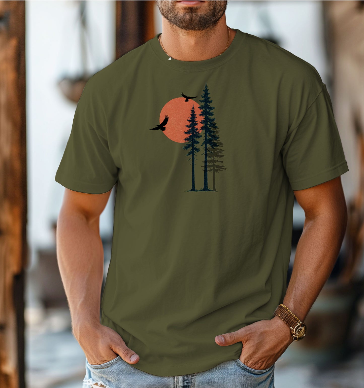 Sunset Pines & Soaring Eagles T-shirt featuring a minimalist nature design with tall pine trees silhouetted against a warm orange sun. Two eagles glide through the sky, adding a touch of wilderness and freedom. Printed on a hemp color unisex tee, this nature-inspired graphic is perfect for outdoor lovers, hikers, and those who appreciate serene, scenic beauty.
