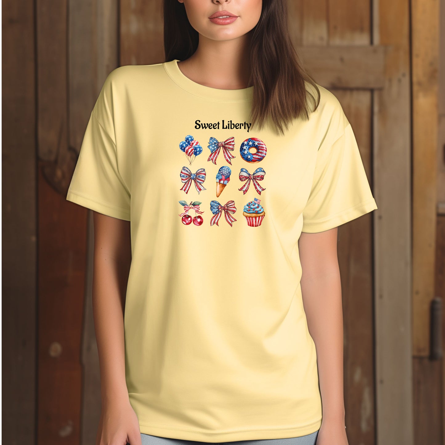 Banana t-shirt featuring a festive 'Sweet Liberty' design with patriotic icons including bows, cherries, a donut, ice cream cone, and cupcake decorated in red, white, and blue stars and stripes. Fun, colorful 4th of July and summer celebration shirt perfect for parties, barbecues, and casual wear.