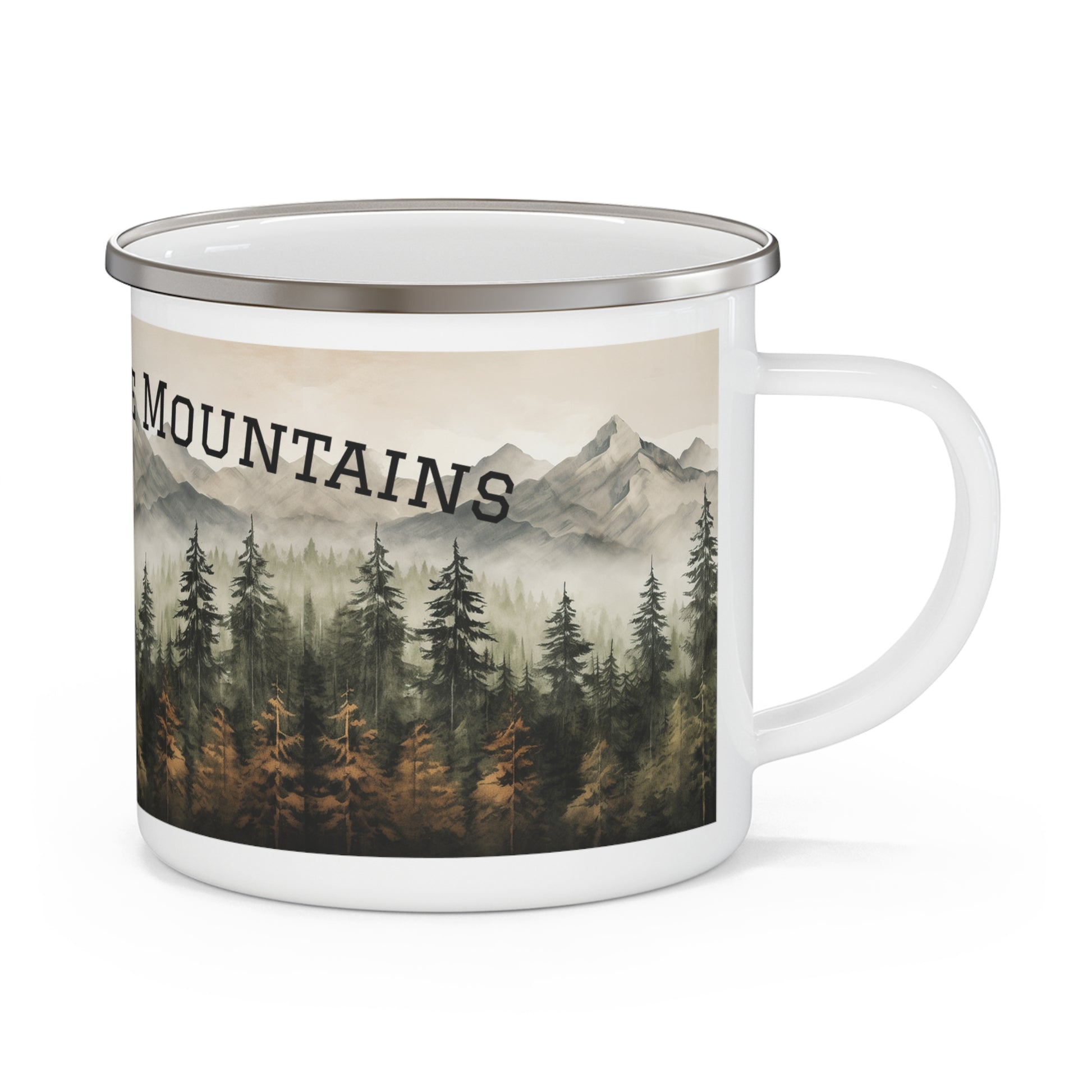 Enamel Mug with mountain and forest design on a off-white background