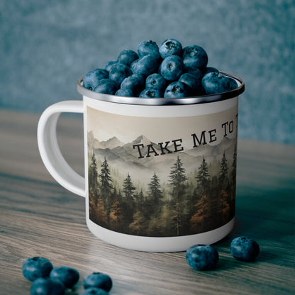Enamel Hiking Mug with blueberries and scenic design on a wooden surface