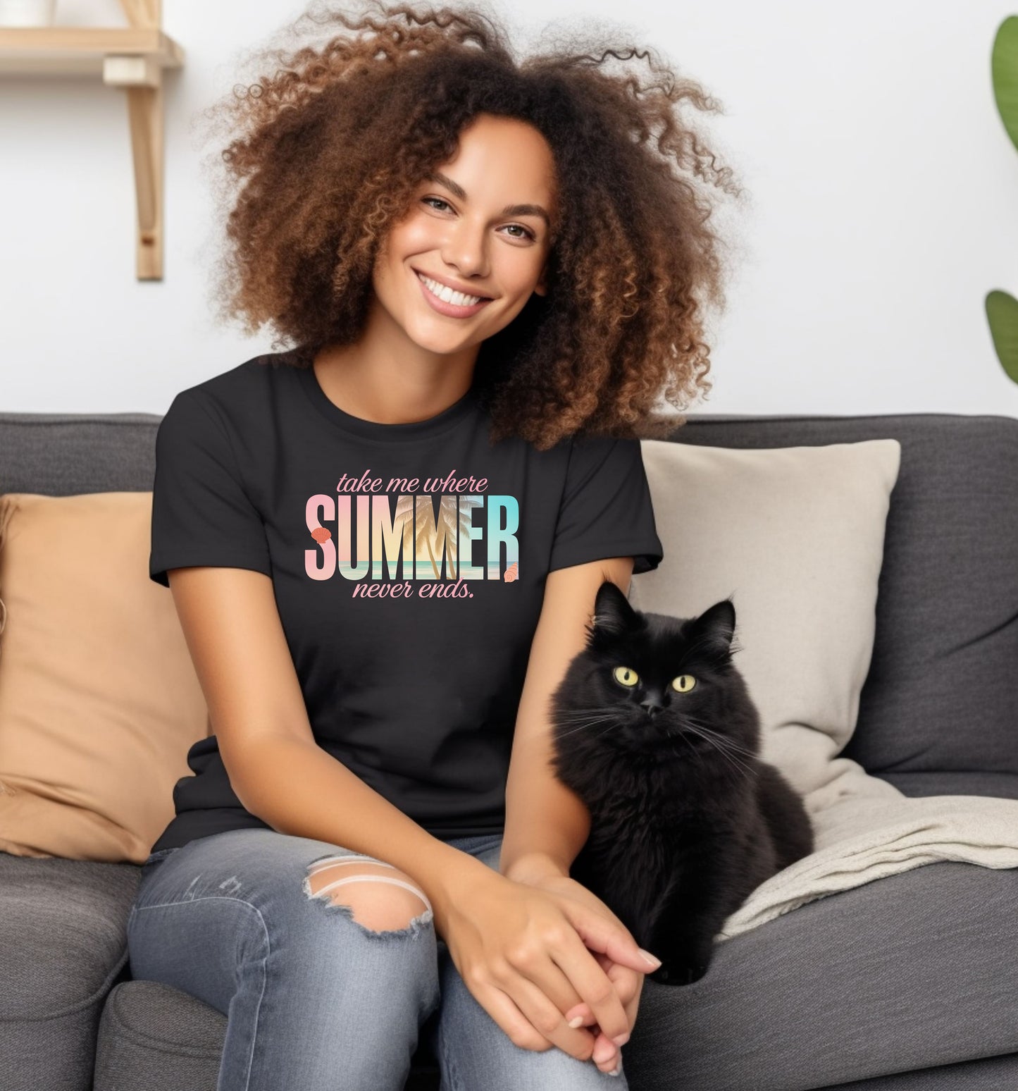 Black T-shirt featuring the text “Take me where summer never ends” with the words “take me where SUMMER never ends”.  SUMMER is filled with a tropical beach scene including palm trees, seashells, and ocean waves. Perfect for beach lovers and summer enthusiasts, this vibrant vacation-themed shirt captures a fun, sunny vibe for casual outings, travel, or coastal adventures.