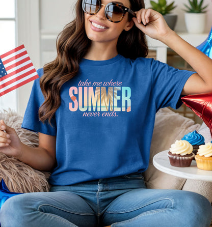 Columbia Blue T-shirt featuring the text “Take me where summer never ends” with the words “take me where SUMMER never ends”.  SUMMER is filled with a tropical beach scene including palm trees, seashells, and ocean waves. Perfect for beach lovers and summer enthusiasts, this vibrant vacation-themed shirt captures a fun, sunny vibe for casual outings, travel, or coastal adventures.