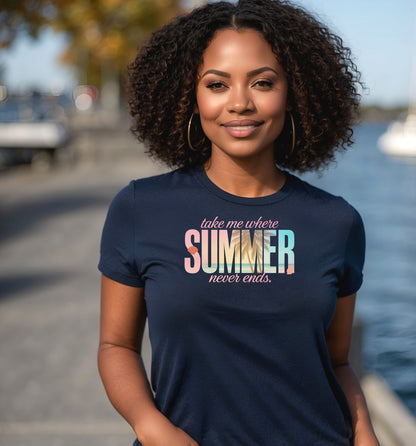 Navy T-shirt featuring the text “Take me where summer never ends” with the words “take me where SUMMER never ends”.  SUMMER is filled with a tropical beach scene including palm trees, seashells, and ocean waves. Perfect for beach lovers and summer enthusiasts, this vibrant vacation-themed shirt captures a fun, sunny vibe for casual outings, travel, or coastal adventures.