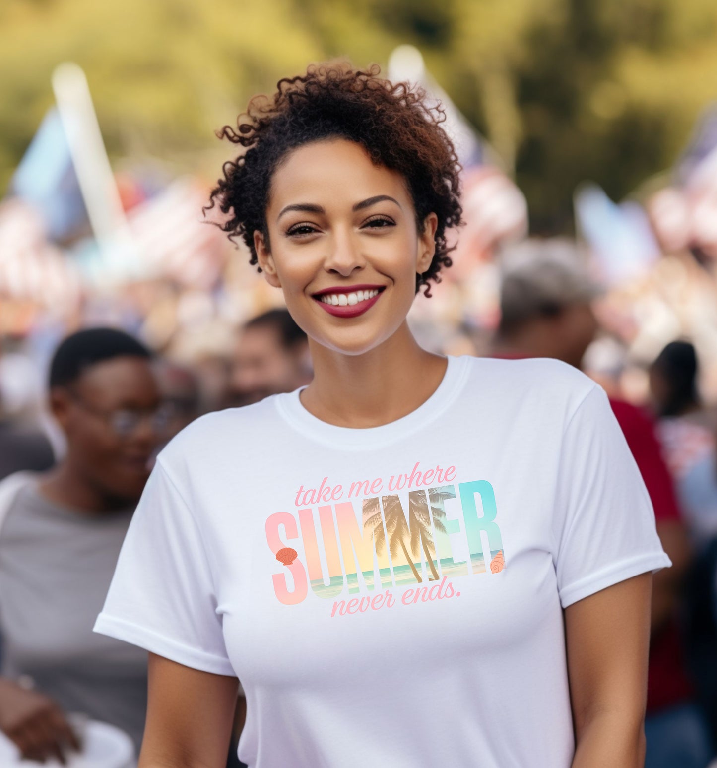 White T-shirt featuring the text “Take me where summer never ends” with the words “take me where SUMMER never ends”.  SUMMER is filled with a tropical beach scene including palm trees, seashells, and ocean waves. Perfect for beach lovers and summer enthusiasts, this vibrant vacation-themed shirt captures a fun, sunny vibe for casual outings, travel, or coastal adventures.