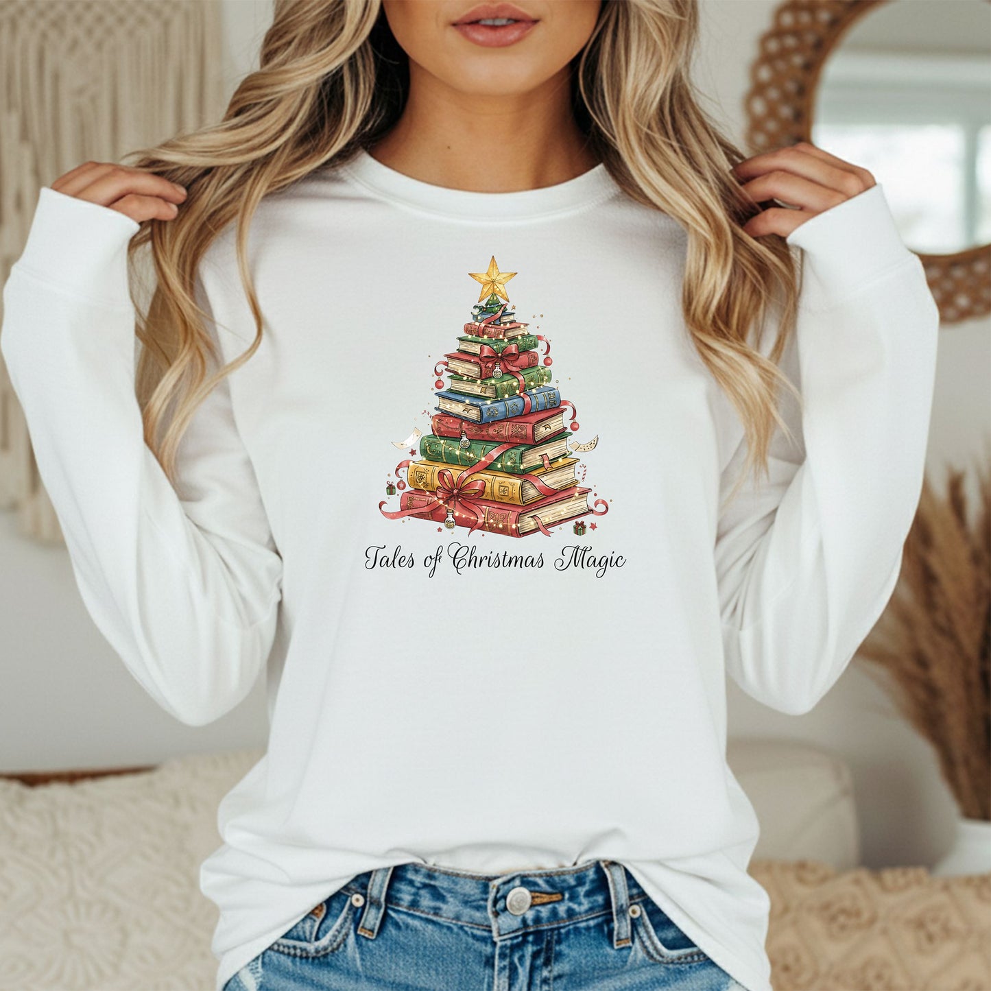 Tales of Christmas Magic Long Sleeve T-Shirt, Gift for Book Lovers, Book Tree Holiday Design
