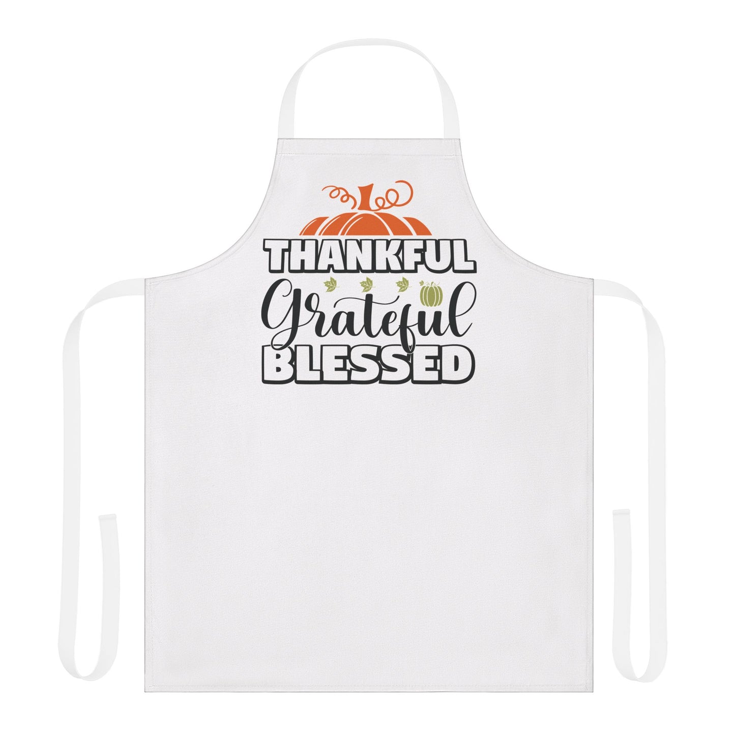 White apron featuring a fall-themed design with pumpkins and the words “Thankful, Grateful, Blessed,” perfect for Thanksgiving cooking and seasonal entertaining.