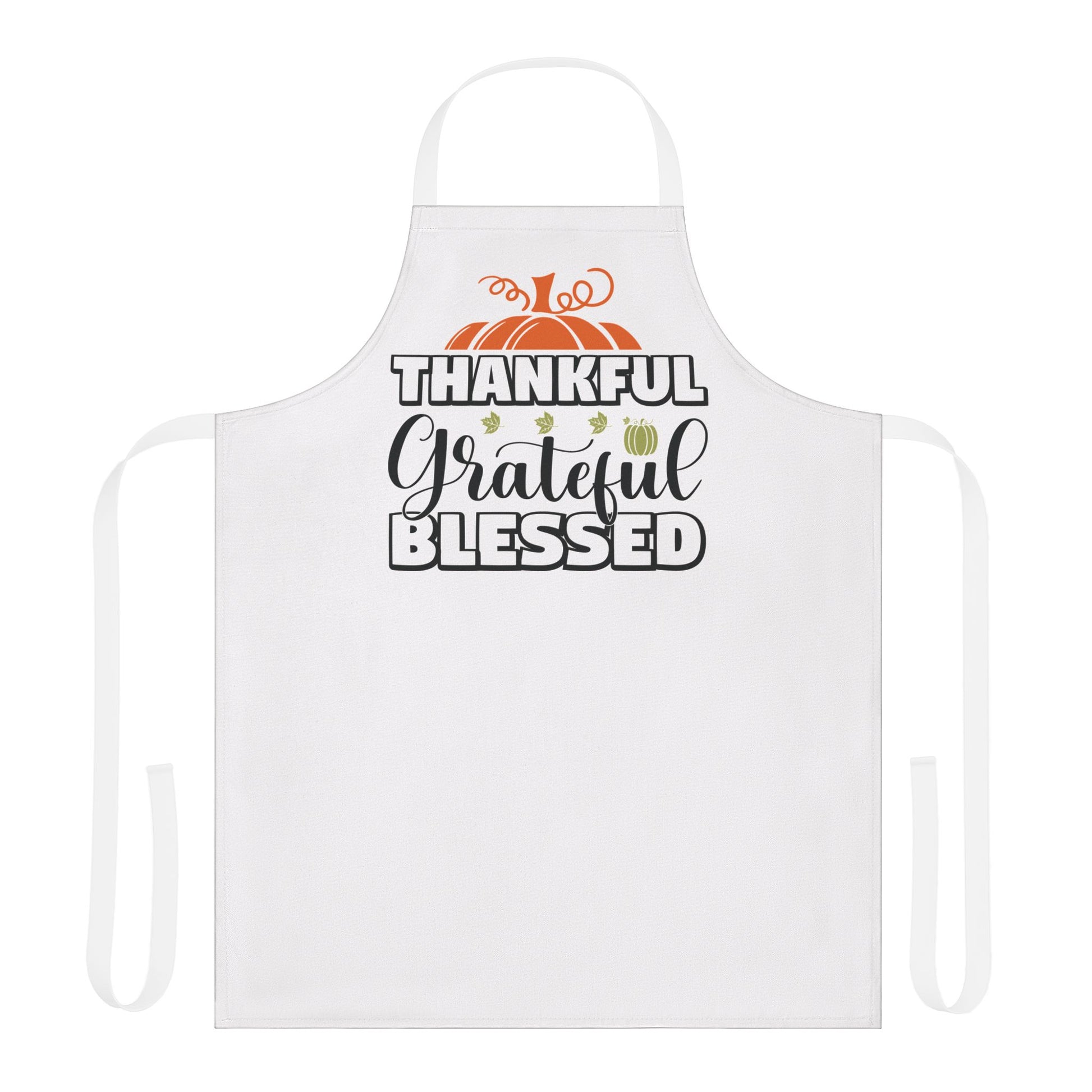 White apron featuring a fall-themed design with pumpkins and the words “Thankful, Grateful, Blessed,” perfect for Thanksgiving cooking and seasonal entertaining.
